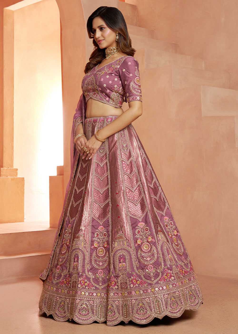 Sunset Purple Banarasi Silk Lehenga Choli with Heirloom Handcrafted Embroidery