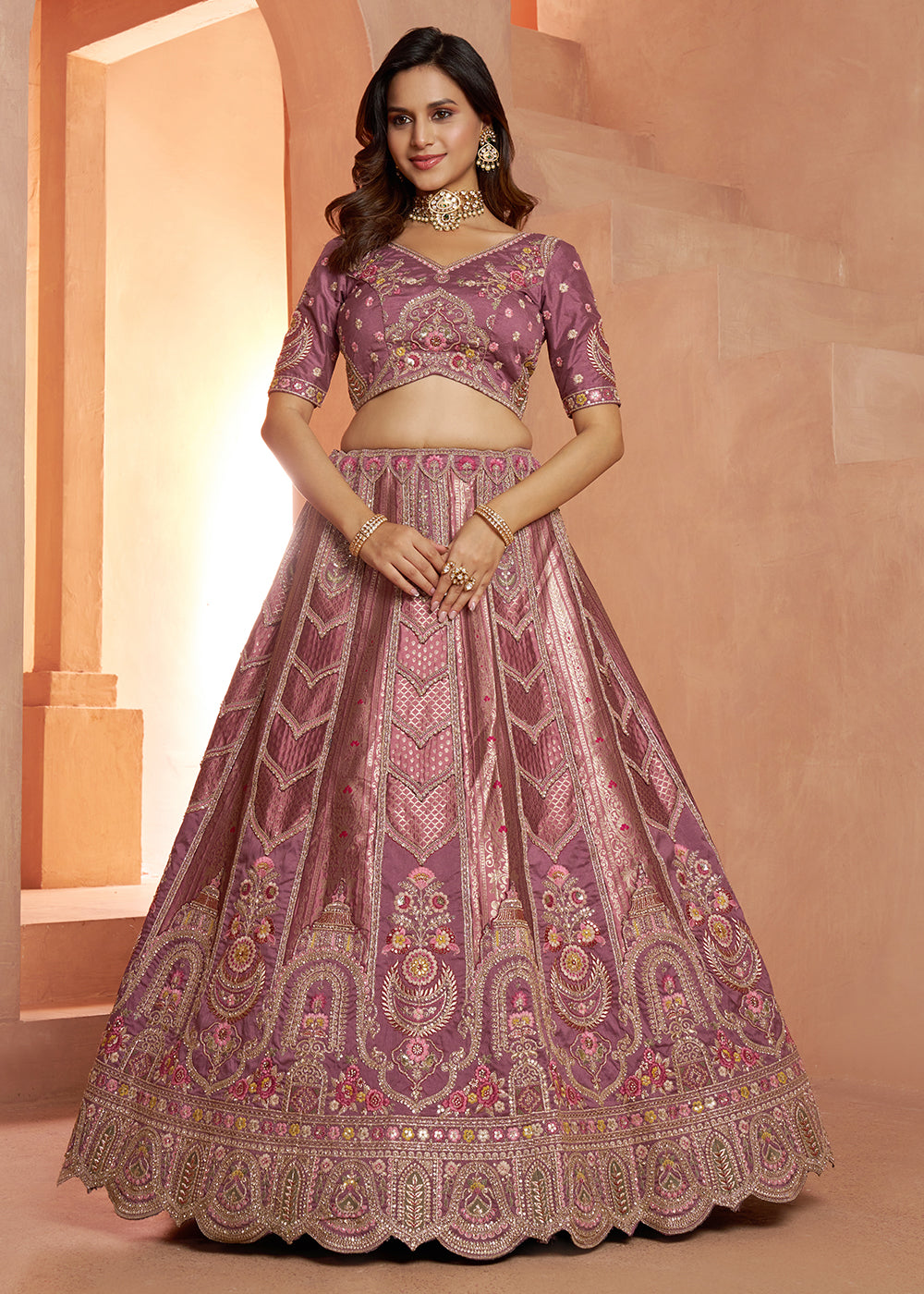 Sunset Purple Banarasi Silk Lehenga Choli with Heirloom Handcrafted Embroidery