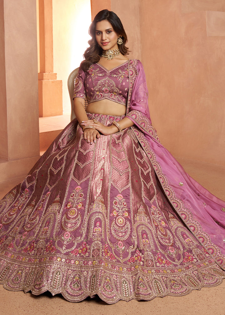Sunset Purple Banarasi Silk Lehenga Choli with Heirloom Handcrafted Embroidery