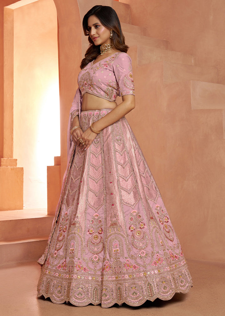 Creamy Pink Banarasi Silk Lehenga Choli with Heirloom Handcrafted Embroidery