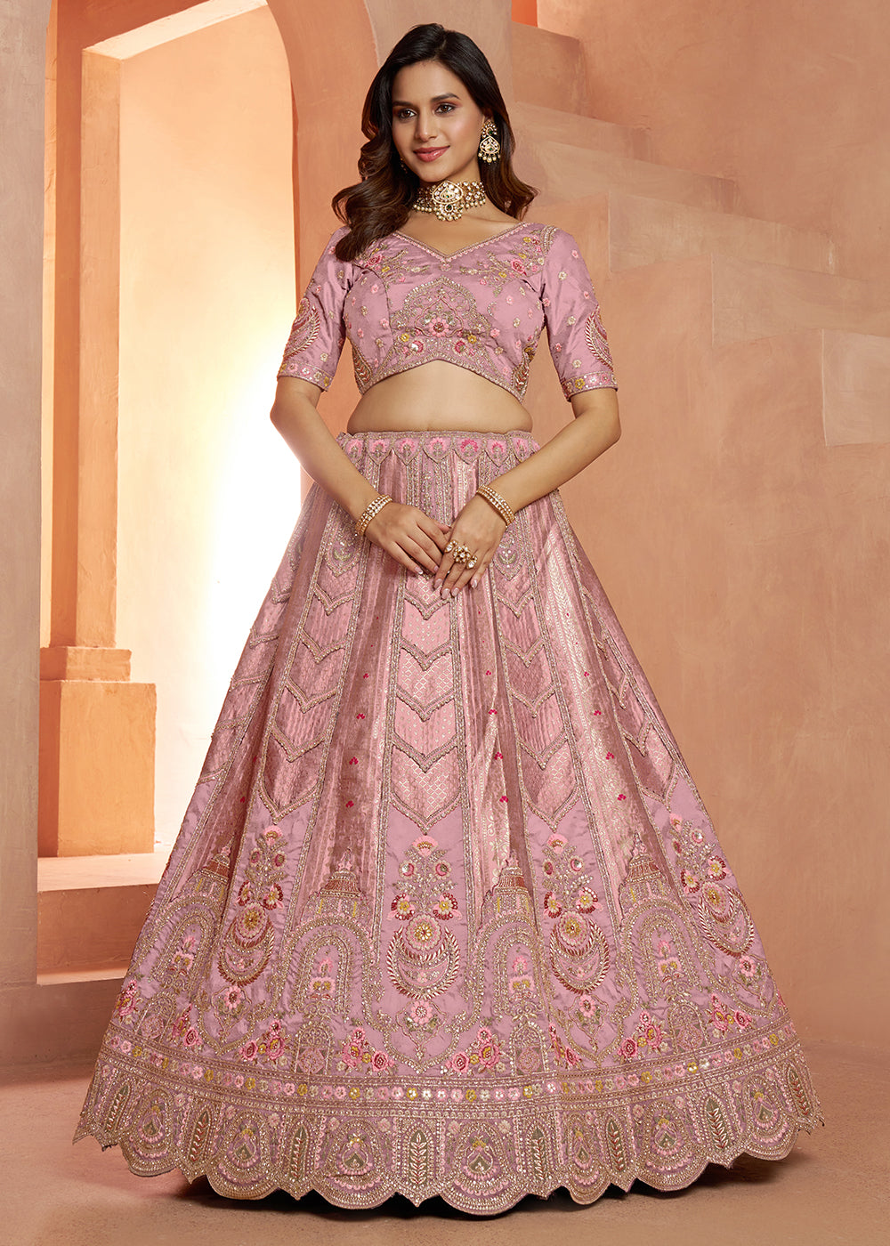Creamy Pink Banarasi Silk Lehenga Choli with Heirloom Handcrafted Embroidery