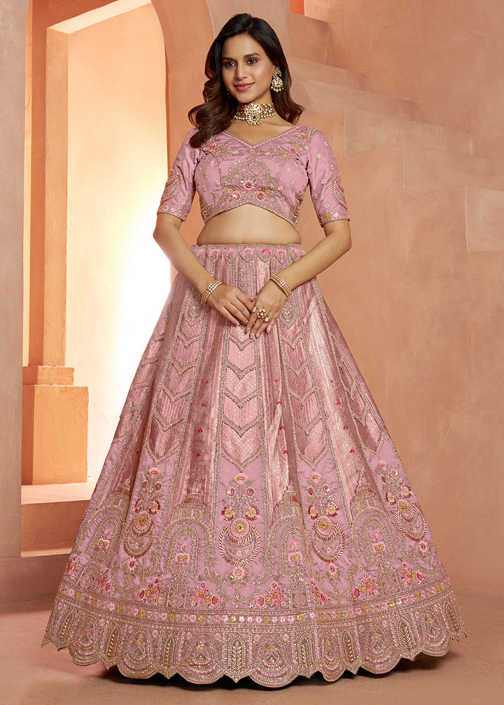 Creamy Pink Banarasi Silk Lehenga Choli with Heirloom Handcrafted Embroidery