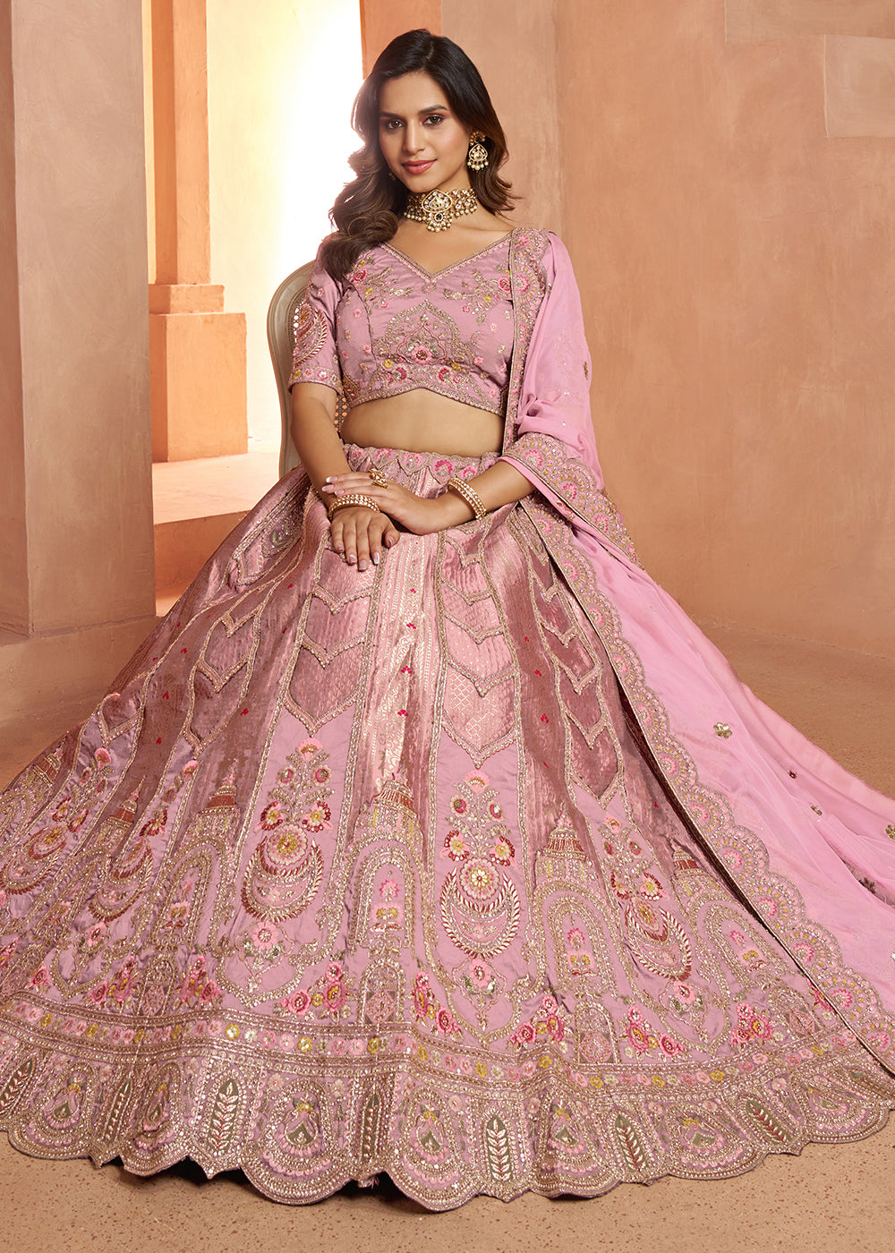 Creamy Pink Banarasi Silk Lehenga Choli with Heirloom Handcrafted Embroidery