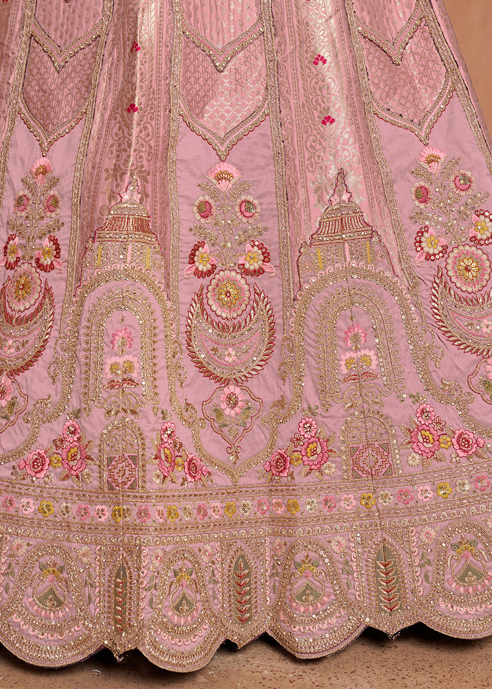 Creamy Pink Banarasi Silk Lehenga Choli with Heirloom Handcrafted Embroidery