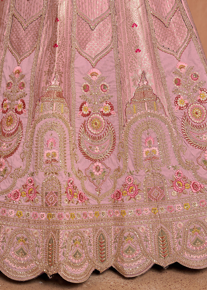 Creamy Pink Banarasi Silk Lehenga Choli with Heirloom Handcrafted Embroidery