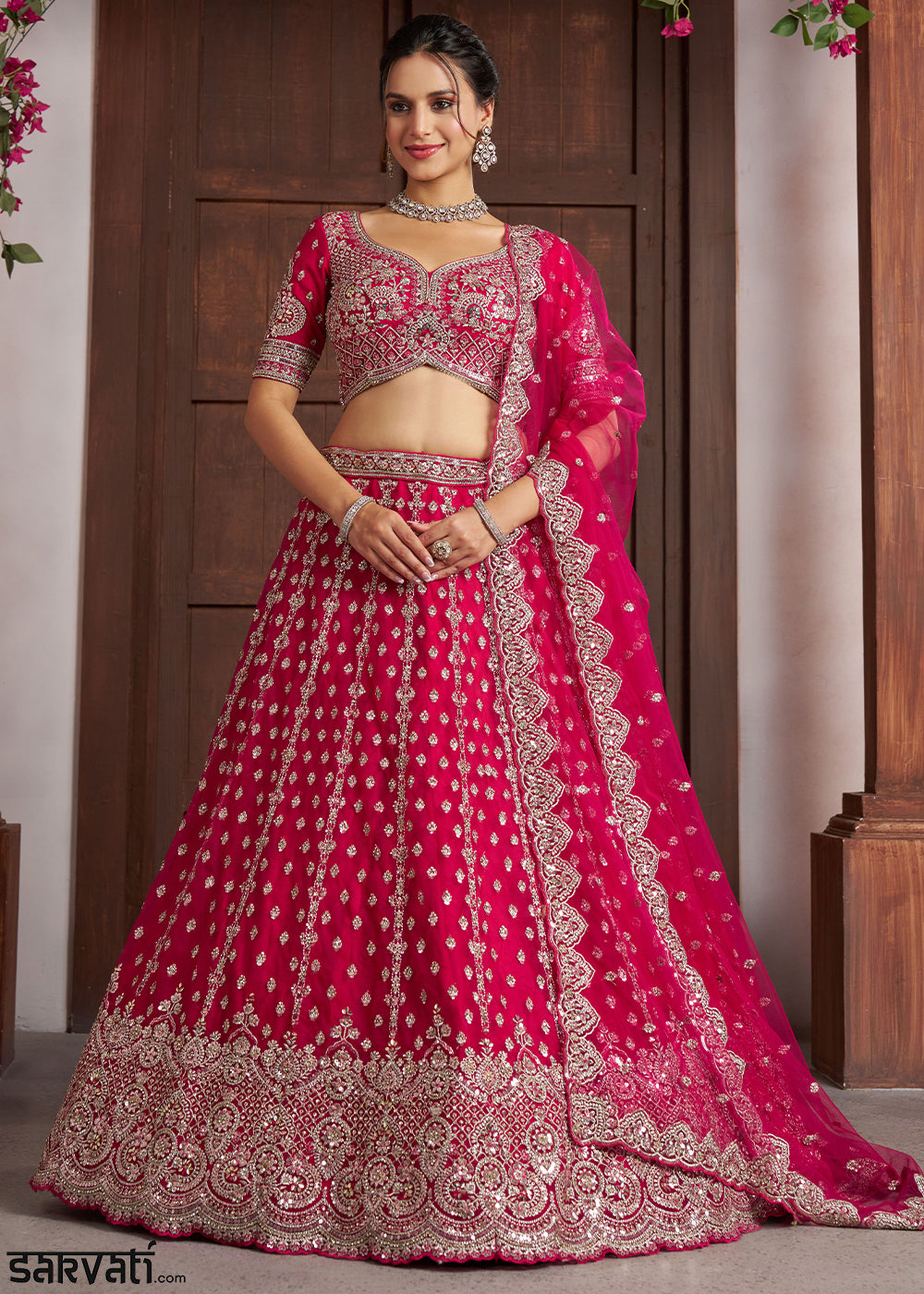 Magenta Pink Net Lehenga Choli with Silver Zari Artistry