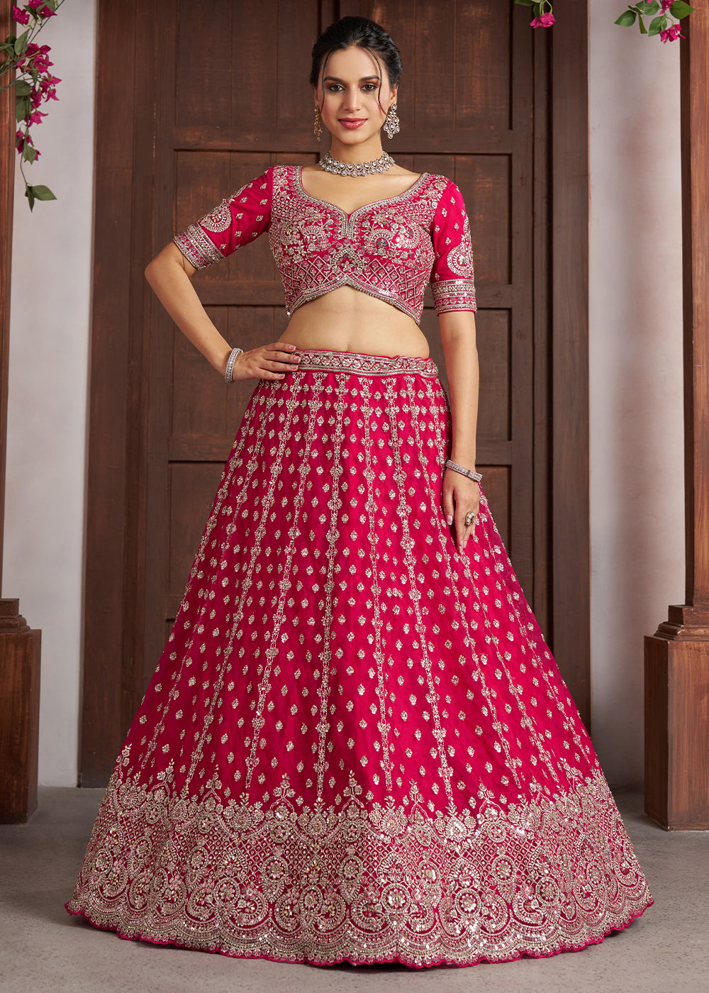 Magenta Pink Net Lehenga Choli with Silver Zari Artistry