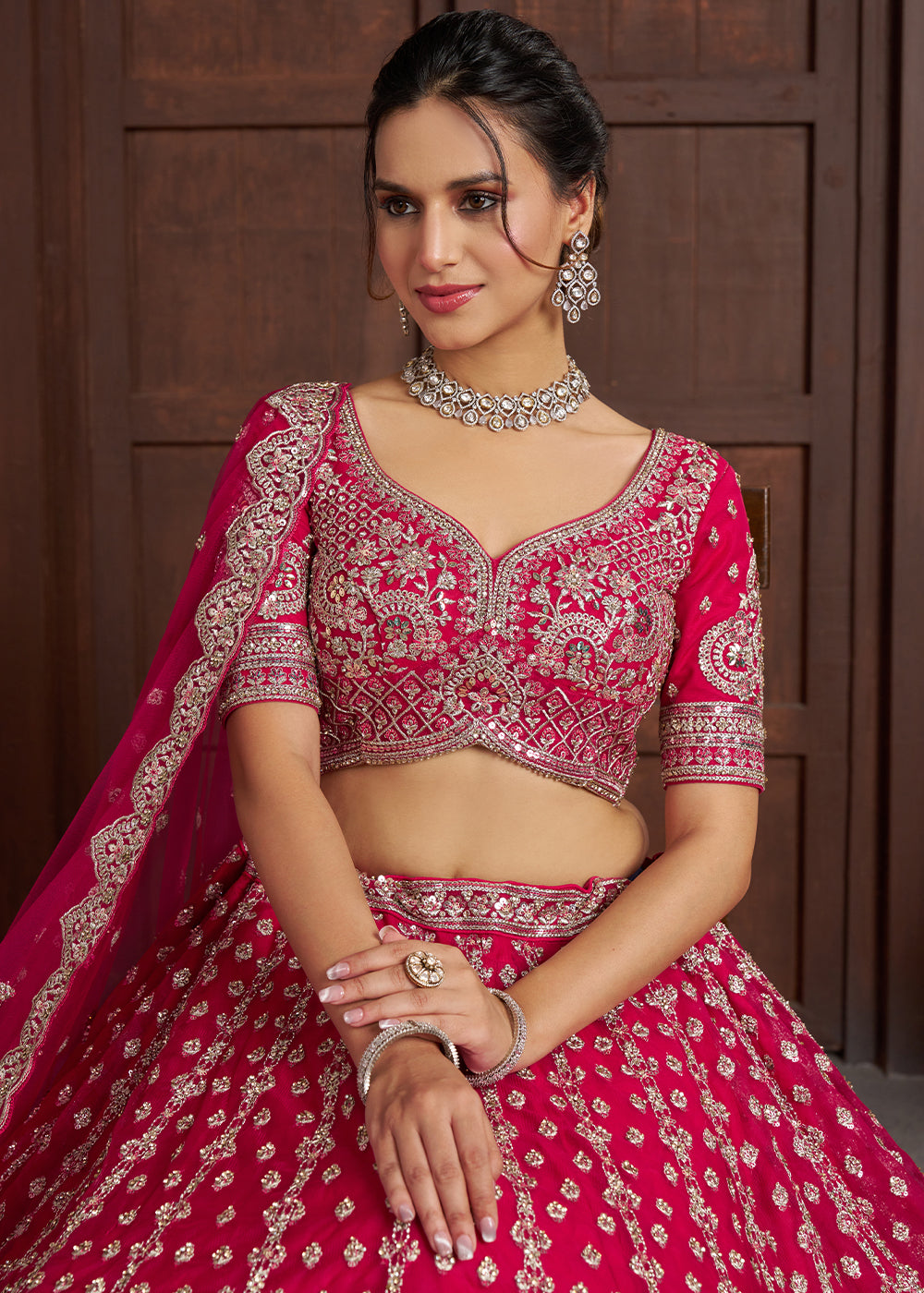 Magenta Pink Net Lehenga Choli with Silver Zari Artistry