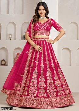 Hot Pink Banarasi Silk Lehenga Choli with Exquisite Floral Zari Detailing