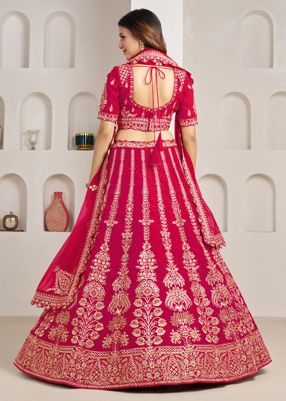 Hot Pink Banarasi Silk Lehenga Choli with Exquisite Floral Zari Detailing