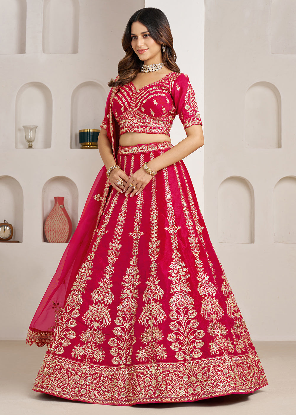 Hot Pink Banarasi Silk Lehenga Choli with Exquisite Floral Zari Detailing