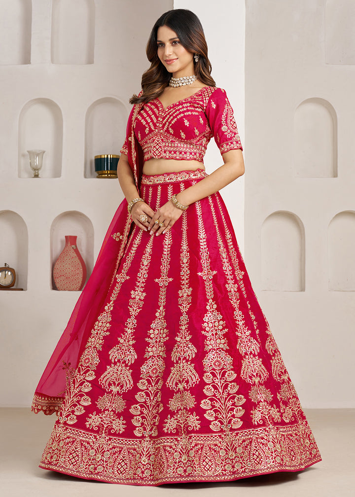 Hot Pink Banarasi Silk Lehenga Choli with Exquisite Floral Zari Detailing