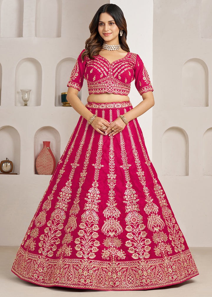 Hot Pink Banarasi Silk Lehenga Choli with Exquisite Floral Zari Detailing