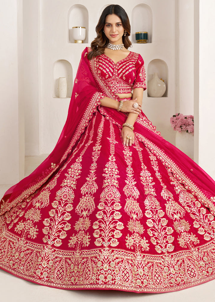 Hot Pink Banarasi Silk Lehenga Choli with Exquisite Floral Zari Detailing