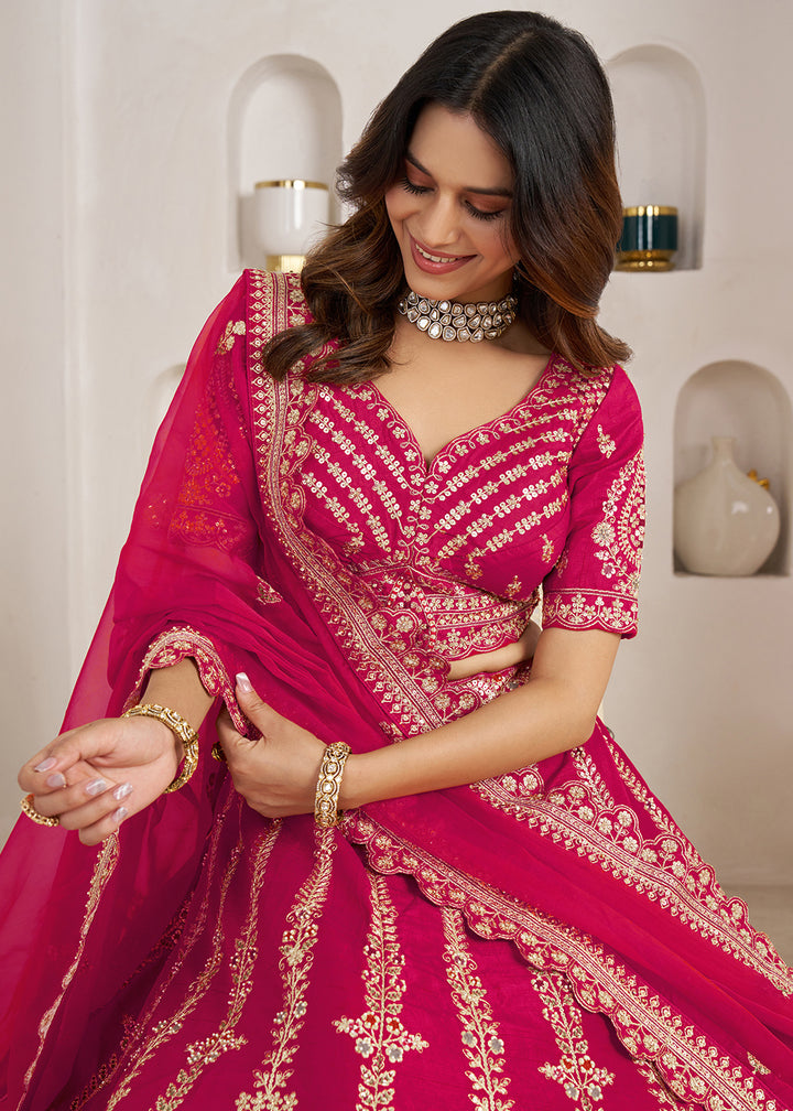 Hot Pink Banarasi Silk Lehenga Choli with Exquisite Floral Zari Detailing