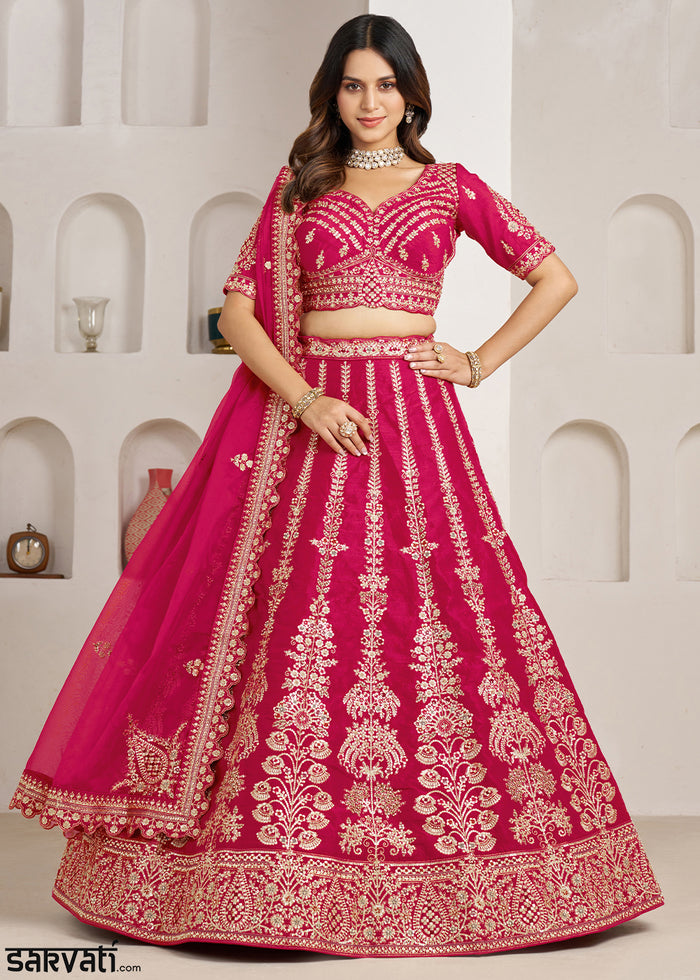 Hot Pink Banarasi Silk Lehenga Choli with Exquisite Floral Zari Detailing