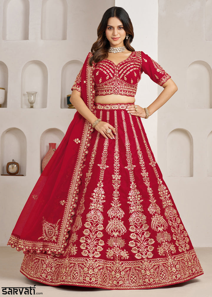 Maroon Red Banarasi Silk Lehenga Choli with Exquisite Floral Zari Detailing