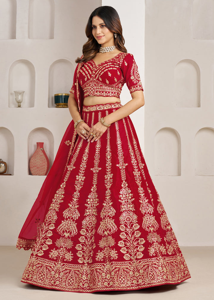 Maroon Red Banarasi Silk Lehenga Choli with Exquisite Floral Zari Detailing