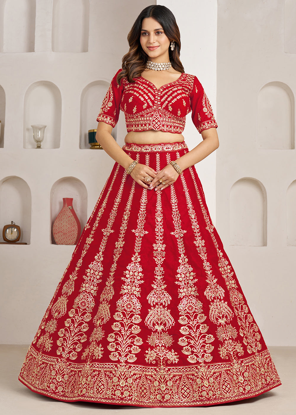 Maroon Red Banarasi Silk Lehenga Choli with Exquisite Floral Zari Detailing