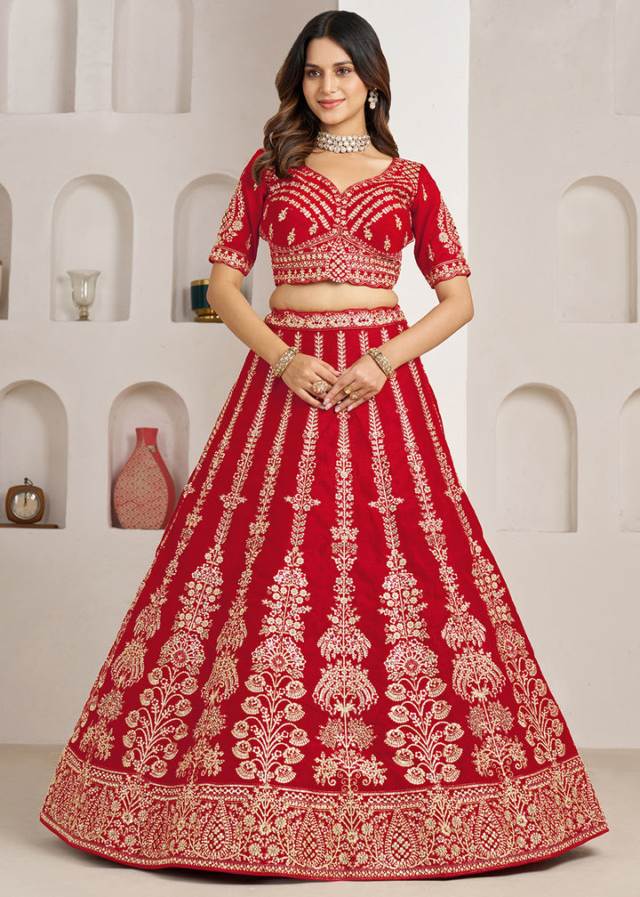 Maroon Red Banarasi Silk Lehenga Choli with Exquisite Floral Zari Detailing