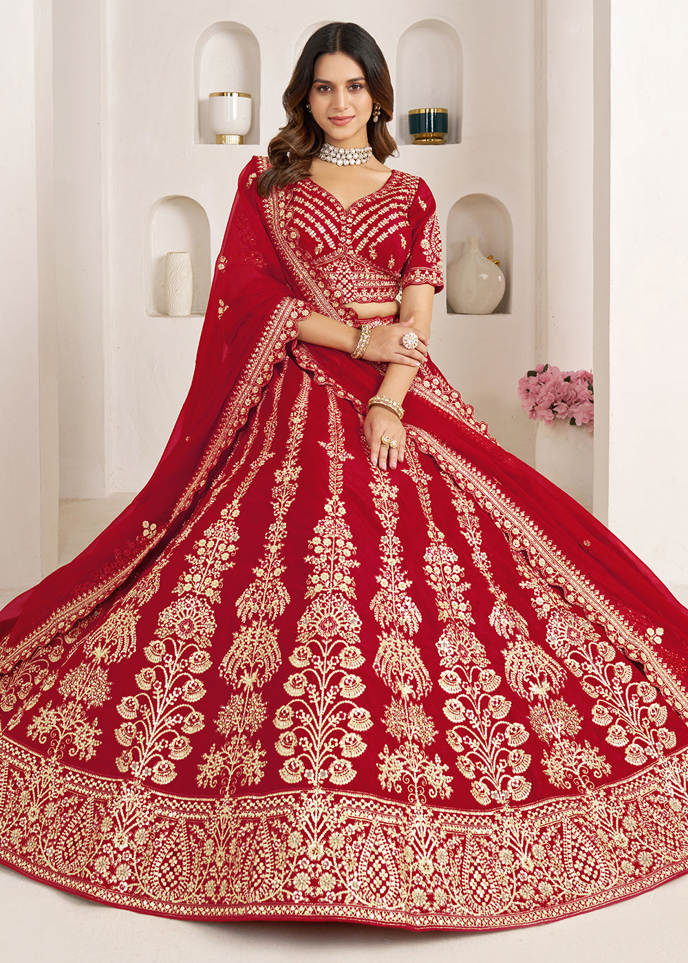 Maroon Red Banarasi Silk Lehenga Choli with Exquisite Floral Zari Detailing