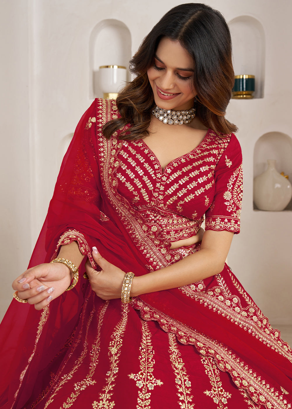 Maroon Red Banarasi Silk Lehenga Choli with Exquisite Floral Zari Detailing