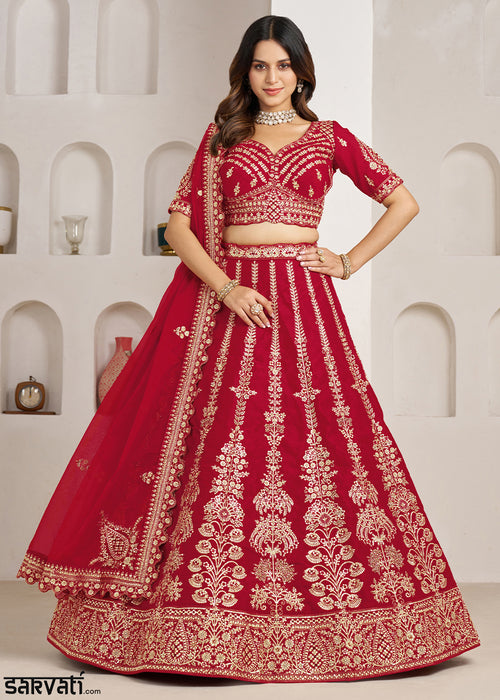 Maroon Red Banarasi Silk Lehenga Choli with Exquisite Floral Zari Detailing