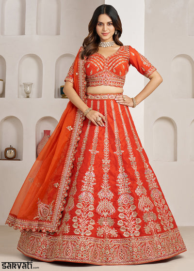 Tones Of Orange Banarasi Silk Lehenga Choli with Exquisite Floral Zari Detailing