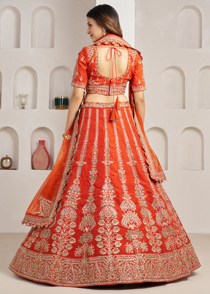 Tones Of Orange Banarasi Silk Lehenga Choli with Exquisite Floral Zari Detailing