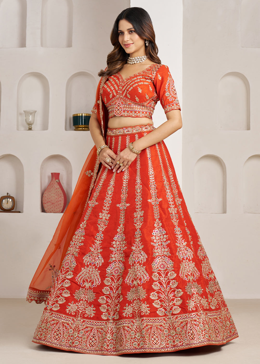 Tones Of Orange Banarasi Silk Lehenga Choli with Exquisite Floral Zari Detailing
