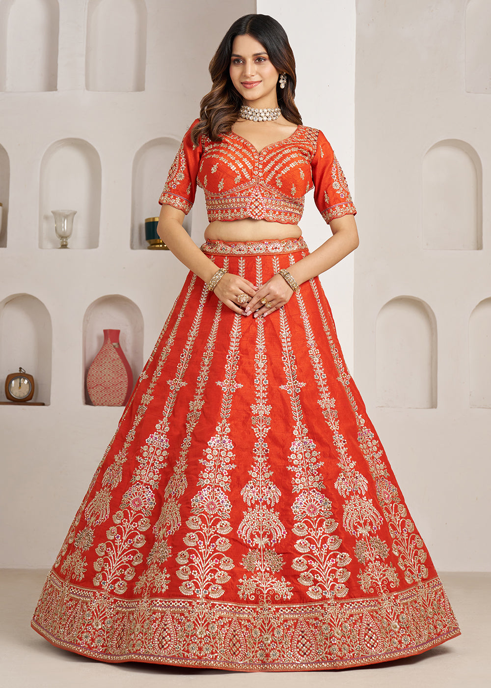 Tones Of Orange Banarasi Silk Lehenga Choli with Exquisite Floral Zari Detailing
