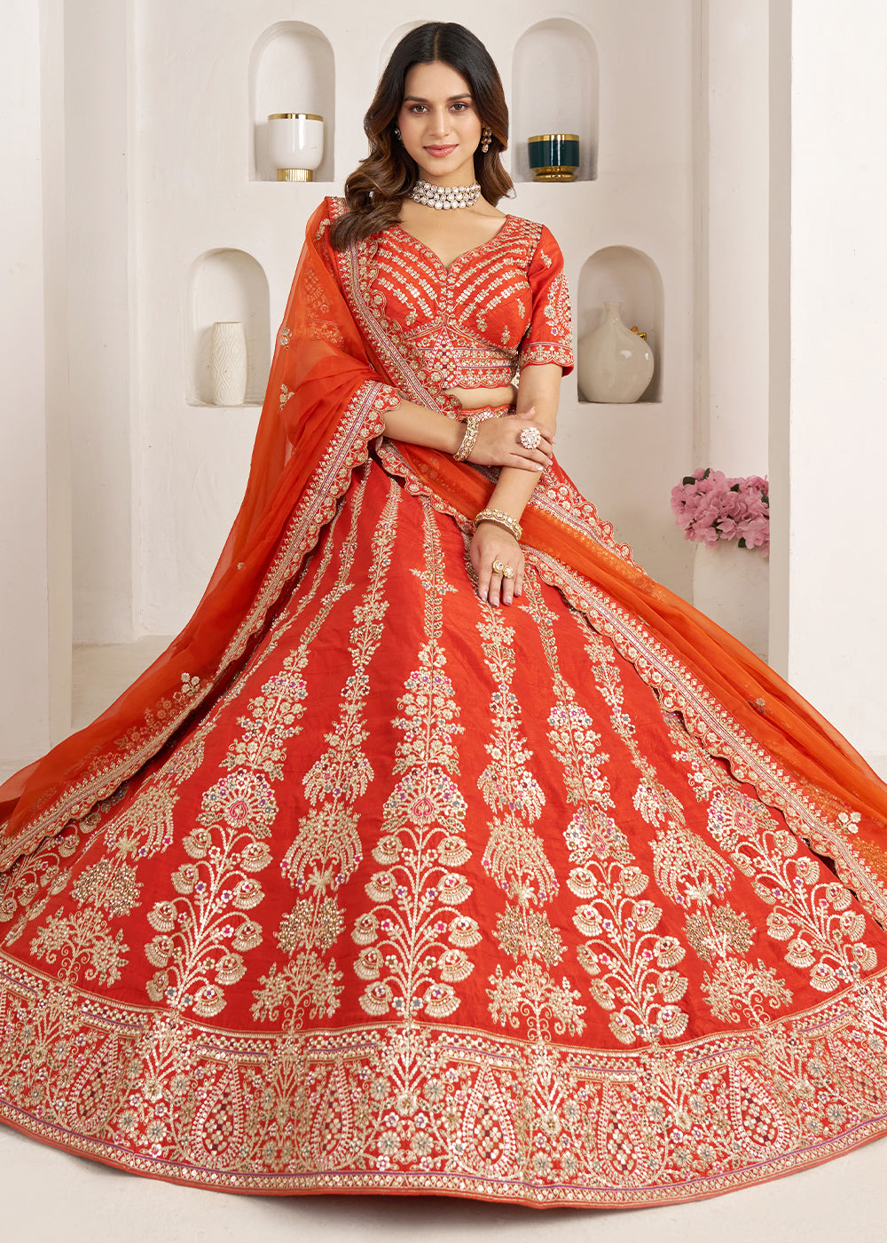 Tones Of Orange Banarasi Silk Lehenga Choli with Exquisite Floral Zari Detailing