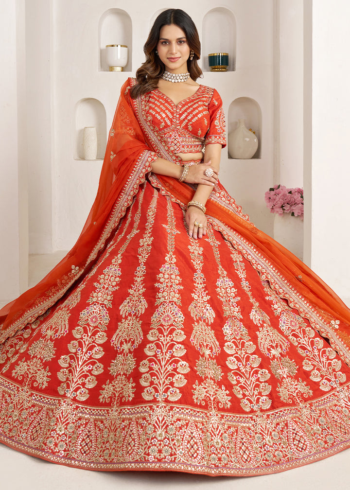 Tones Of Orange Banarasi Silk Lehenga Choli with Exquisite Floral Zari Detailing
