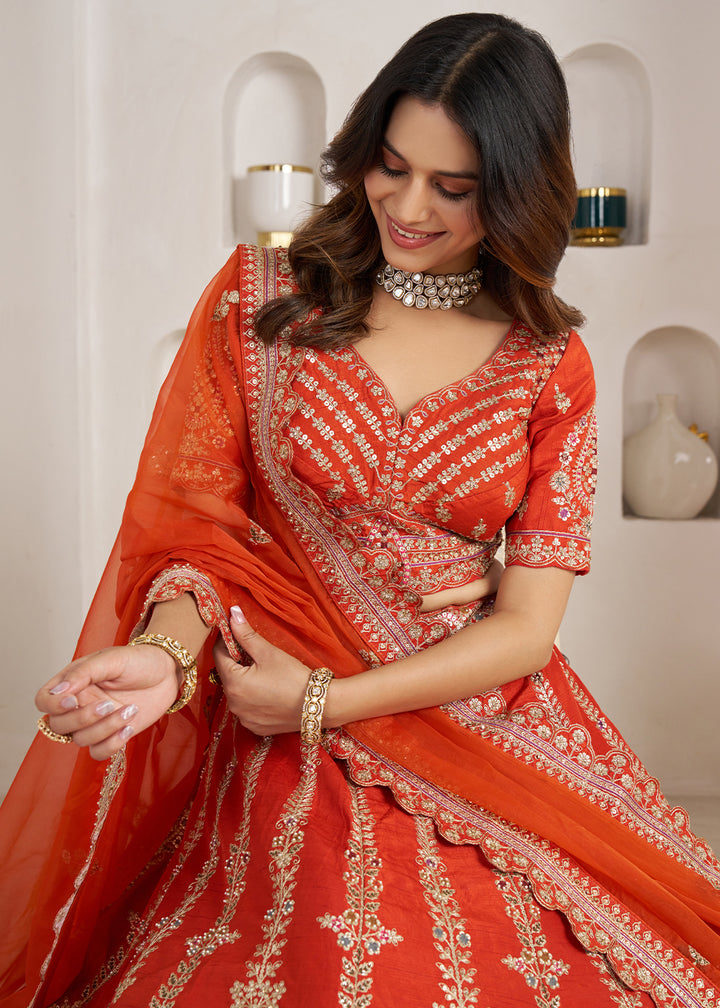 Tones Of Orange Banarasi Silk Lehenga Choli with Exquisite Floral Zari Detailing