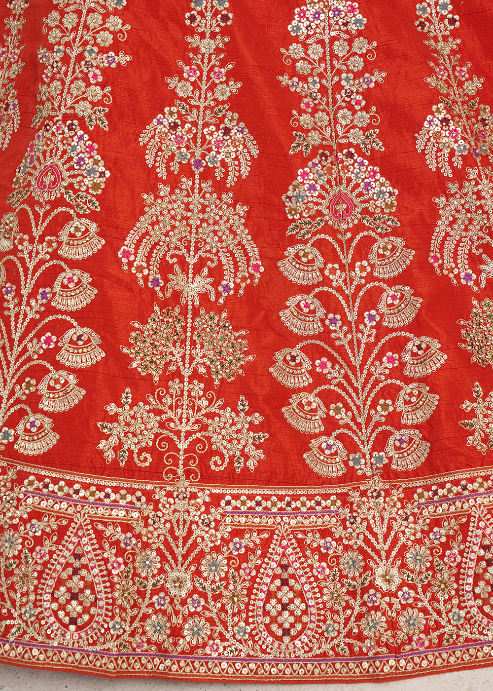 Tones Of Orange Banarasi Silk Lehenga Choli with Exquisite Floral Zari Detailing