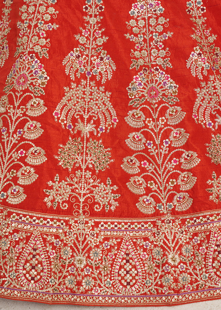 Tones Of Orange Banarasi Silk Lehenga Choli with Exquisite Floral Zari Detailing