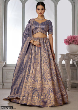 Blue Lilac Purple Tissue Silk Couture Lehenga Choli with Zari Detailing