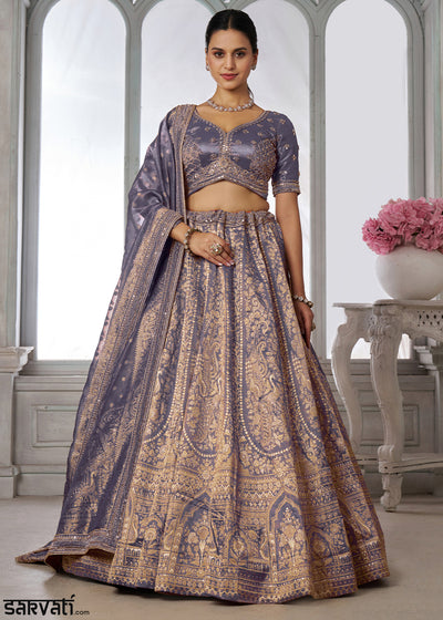 Blue Lilac Purple Tissue Silk Couture Lehenga Choli with Zari Detailing