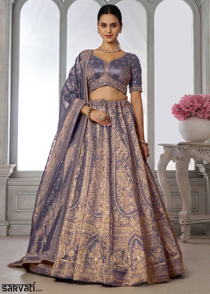 Blue Lilac Purple Tissue Silk Couture Lehenga Choli with Zari Detailing
