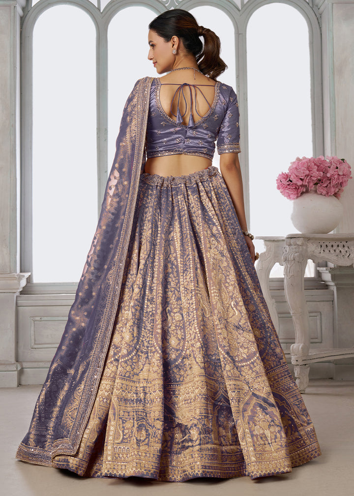 Blue Lilac Purple Tissue Silk Couture Lehenga Choli with Zari Detailing