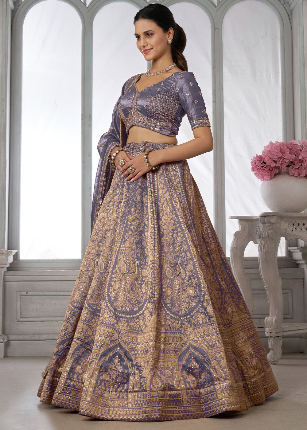 Blue Lilac Purple Tissue Silk Couture Lehenga Choli with Zari Detailing