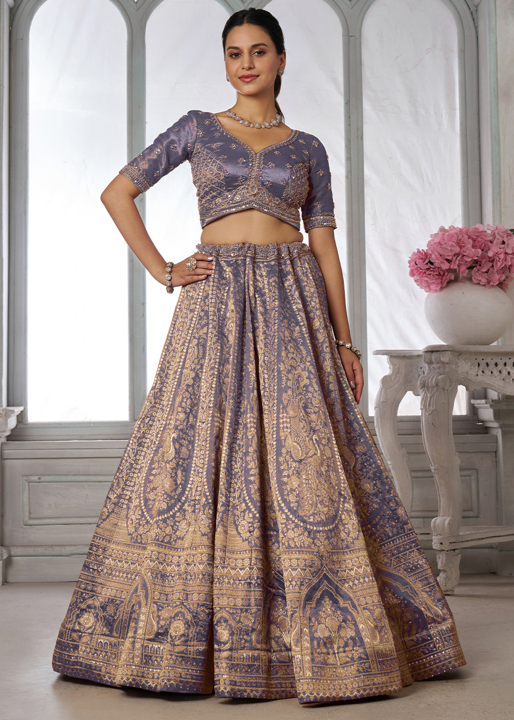 Blue Lilac Purple Tissue Silk Couture Lehenga Choli with Zari Detailing