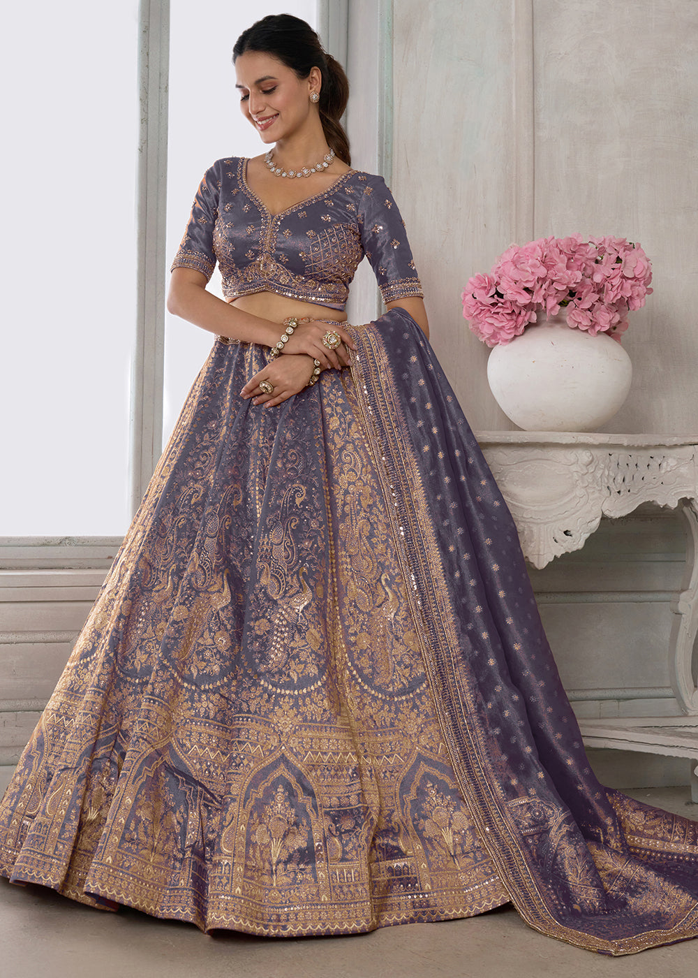 Blue Lilac Purple Tissue Silk Couture Lehenga Choli with Zari Detailing