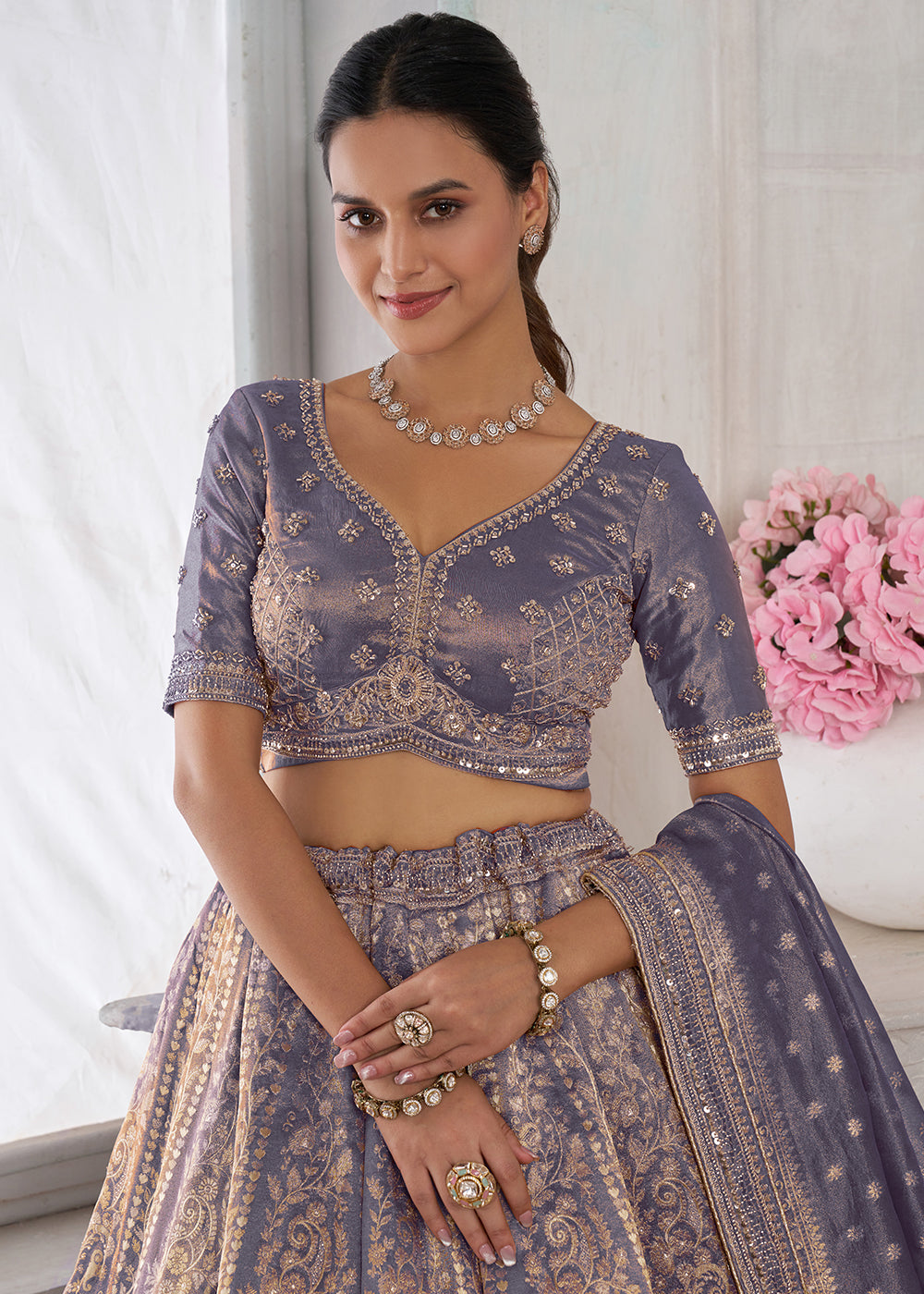 Blue Lilac Purple Tissue Silk Couture Lehenga Choli with Zari Detailing