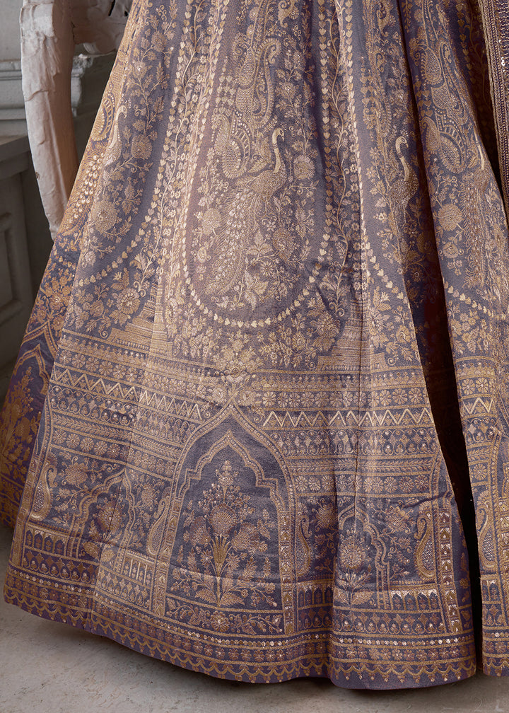 Blue Lilac Purple Tissue Silk Couture Lehenga Choli with Zari Detailing