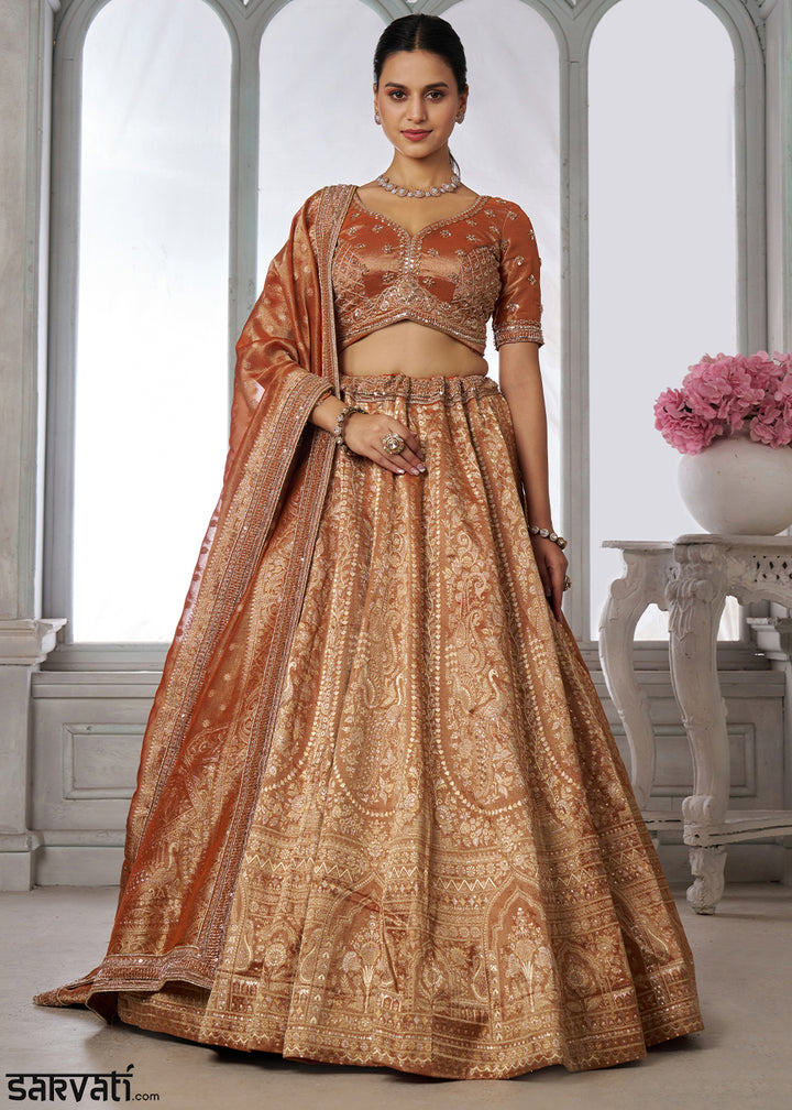 Shades Of Brown Tissue Silk Couture Lehenga Choli with Zari Detailing