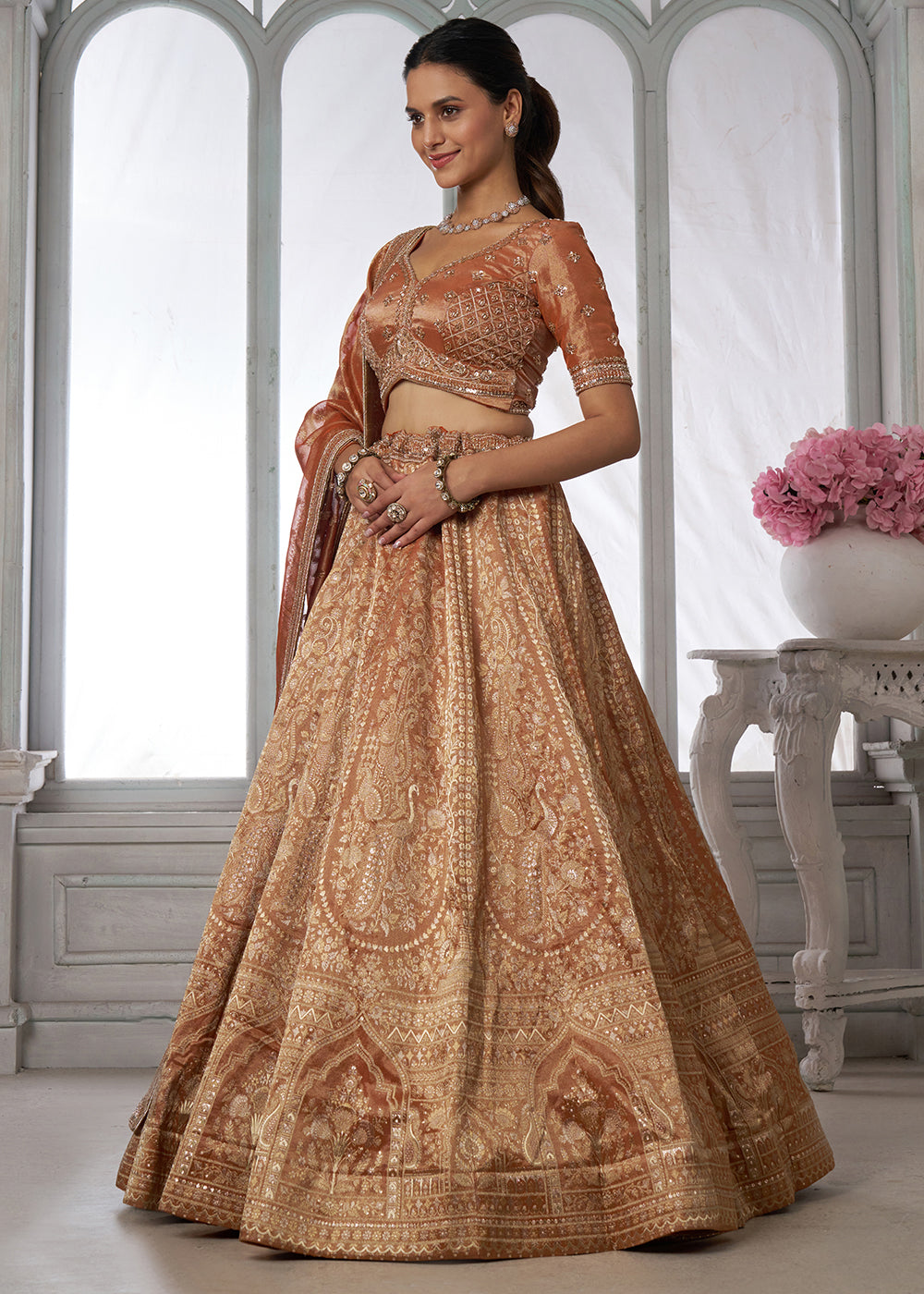 Shades Of Brown Tissue Silk Couture Lehenga Choli with Zari Detailing