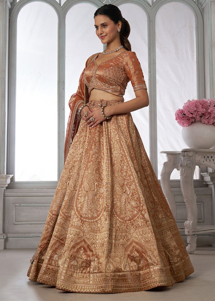 Shades Of Brown Tissue Silk Couture Lehenga Choli with Zari Detailing