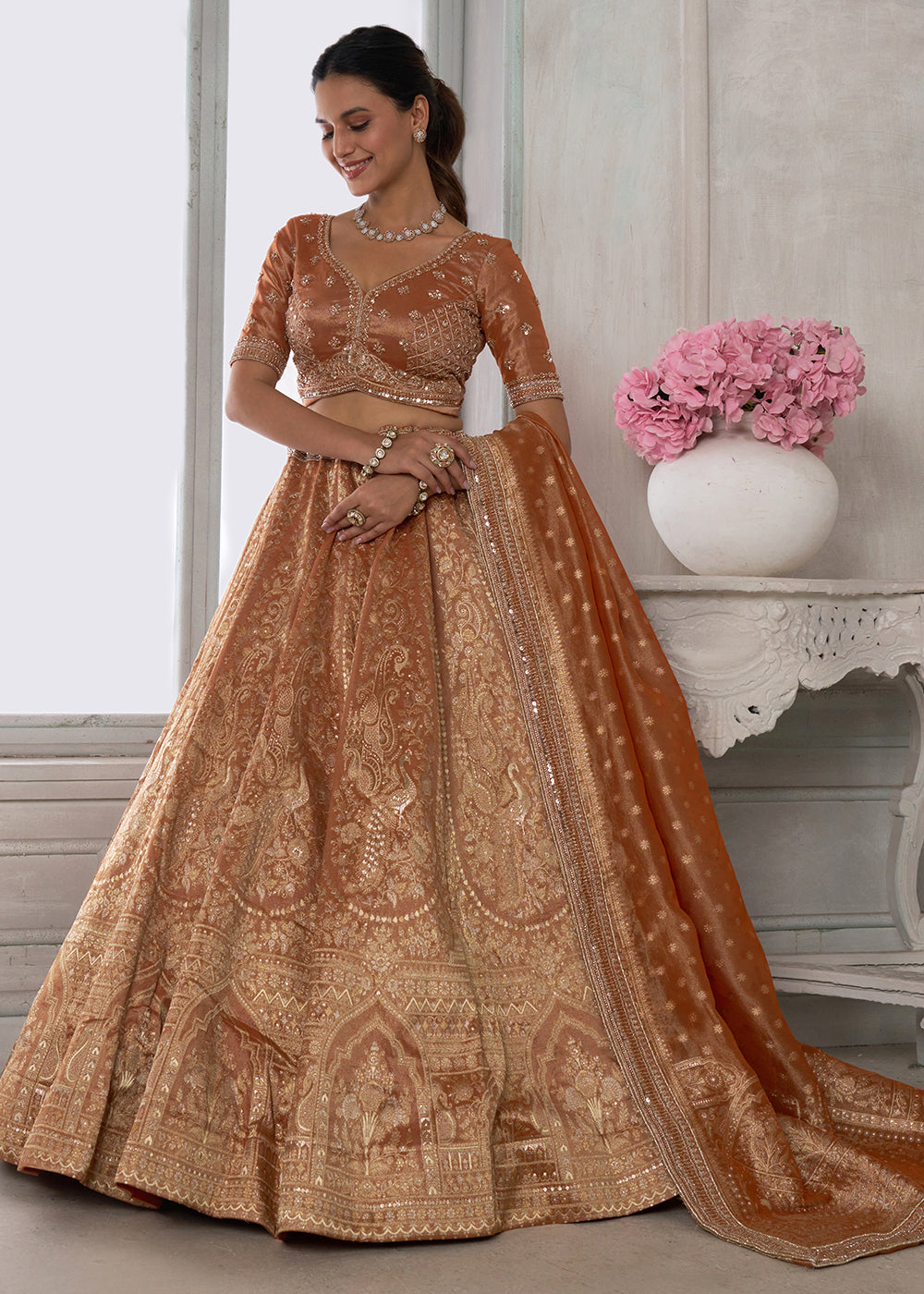 Shades Of Brown Tissue Silk Couture Lehenga Choli with Zari Detailing
