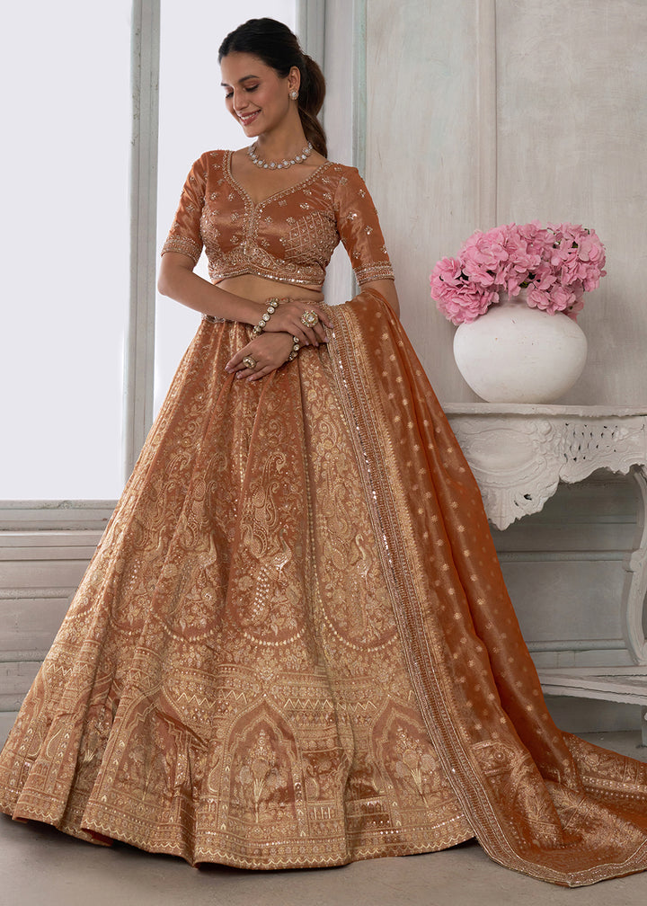 Shades Of Brown Tissue Silk Couture Lehenga Choli with Zari Detailing